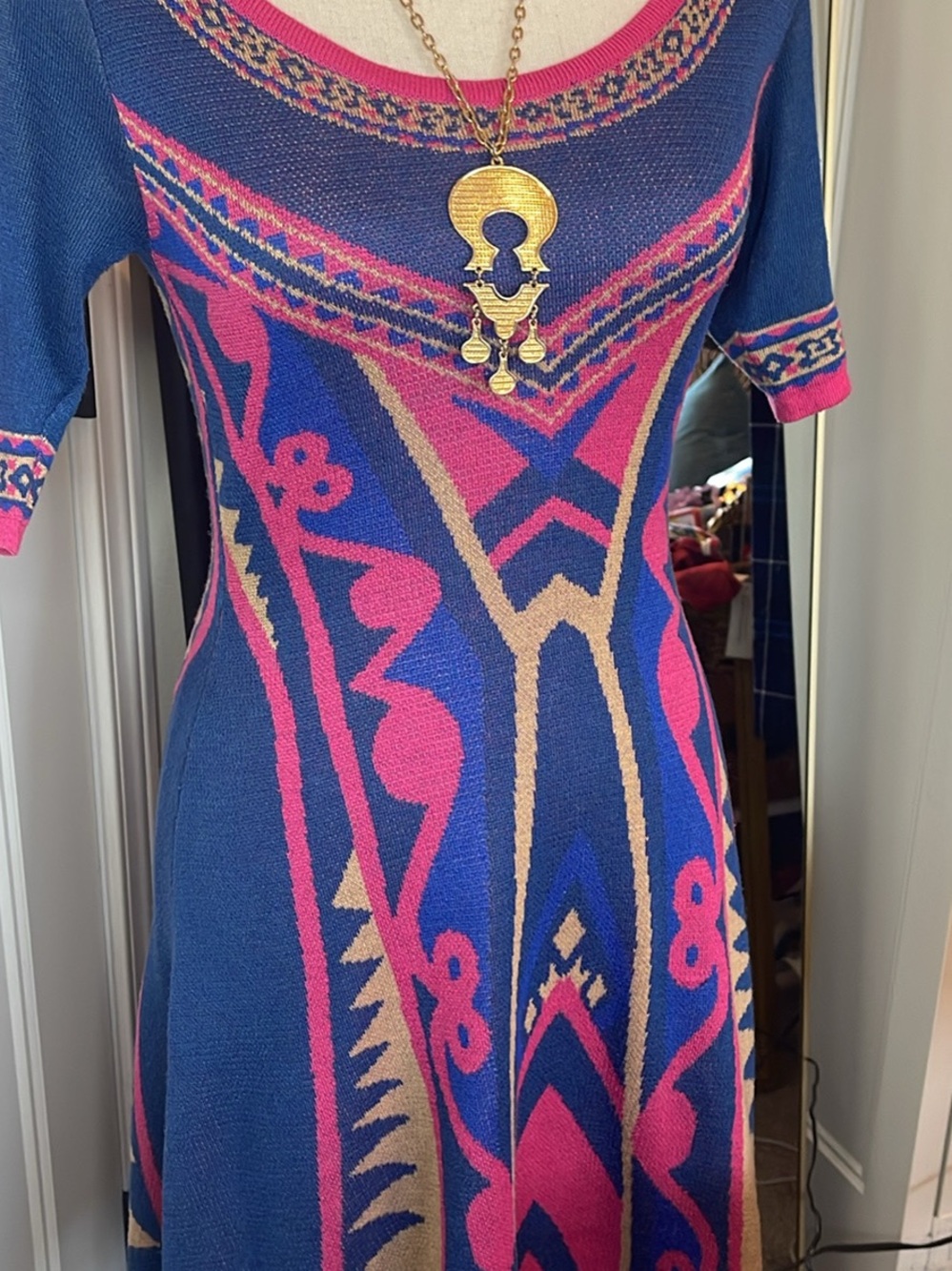 Flying Tomato Blue, Pink & Tan Patterned Midi Dress